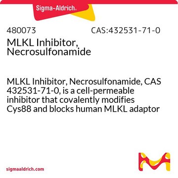 MLKL Inhibitor, Necrosulfonamide MLKL Inhibitor, Necrosulfonamide, CAS 432531-71-0, is a cell-permeable inhibitor that covalently modifies Cys88 and blocks human MLKL adaptor function.