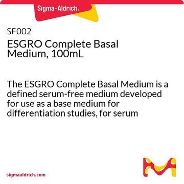 ESGRO Complete Basal Medium, 100mL The ESGRO Complete Basal Medium is a defined serum-free medium developed for use as a base medium for differentiation studies, for serum free culture of ES cells when used with LIF &amp; BMP.