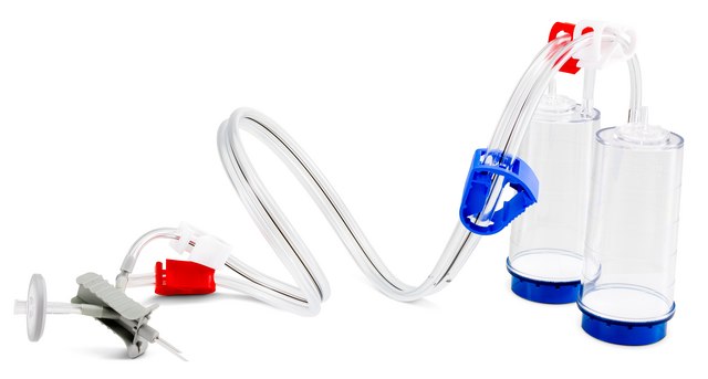 Steritest&#174; NEO Device For liquids in small vials., Blue base canister with a vented double needle for small vials with septa.