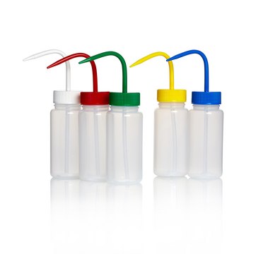 Azlon&nbsp;Square Shoulder Unvented Wash Bottles wide-neck, low-density polyethylene bottle, polypropylene closure (one of each color), capacity 250&#160;mL