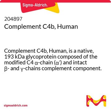 Complement C4b, Human Complement C4b, Human, is a native, 193 kDa glycoprotein composed of the modified C4 &#945;-chain (&#945;&#8242;) and intact &#946;- and &#947;-chains complement component.