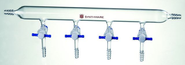 Synthware&#8482; vacuum manifold with PTFE stopcocks number of ports, 6, Hose Connection: left-right, stopcock size 4&#160;mm