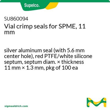 Vial crimp seals for SPME, 11 mm silver aluminum seal (with 5.6 mm center hole), red PTFE/white silicone septum, septum diam. × thickness 11&#160;mm × 1.3&#160;mm, pkg of 100&#160;ea
