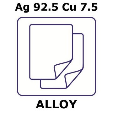 Silver-copper alloy, Ag92.5Cu7.5 foil, 150 x 150mm, 0.5mm thickness, as rolled