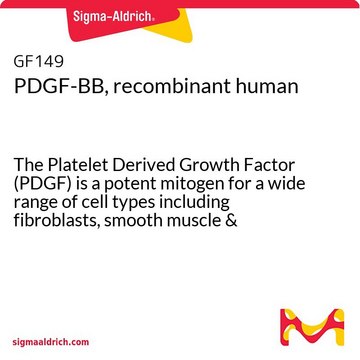 PDGF-BB, recombinant human The Platelet Derived Growth Factor (PDGF) is a potent mitogen for a wide range of cell types including fibroblasts, smooth muscle &amp; connective tissue.