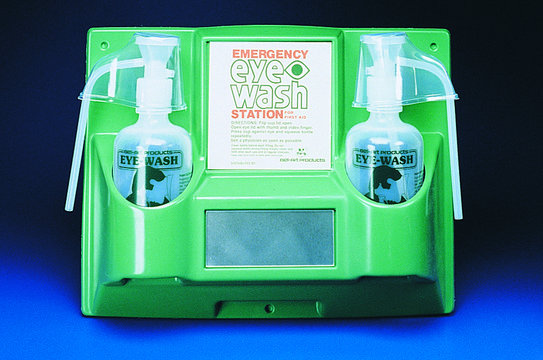 Double eyewash safety station Includes two 32oz polyethylene bottles with covered eye cups and discharge tube