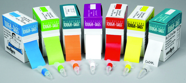 Tough-Tags&#8482; microcentrifuge tube labels orange, roll of 1000&#160;labels, L × W 0.94&#160;in. × 0.50&#160;in.