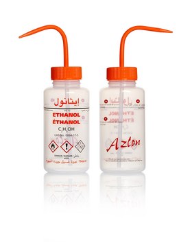 Azlon&nbsp;Multi-Lingual Safety Wash Bottles With Driplok Vapor Venting label, Ethanol (in English, French, Arabic), capacity 500&#160;mL