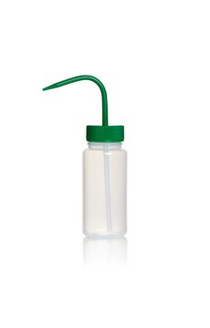 Azlon&nbsp;Square Shoulder Unvented Wash Bottles wide-neck, low-density polyethylene bottle, green polypropylene closure, capacity 250&#160;mL