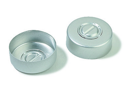 Aluminum crimp seal (without septum), silver aluminum removable center, diam. 20&#160;mm, pkg of 100&#160;ea