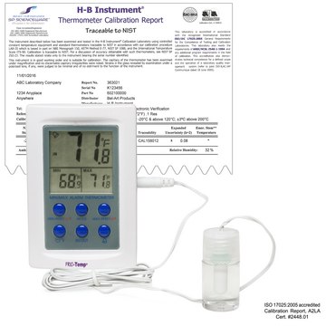 SP Bel-Art&#174; H-B Frio-Temp&#174; Calibrated Dual Zone Electronic Verification Thermometer temp. range at -50-70 °C (External), temp. range at 0-50 °C (Internal), 4°C Refrigerator Calibration