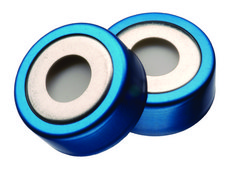 Vial crimp seals, BiMetal (magnetic), 20 mm, with PTFE/silicone septa, pkg 100 red seal, septa (blue PTFE/white silicone), diam. × thickness 20&#160;mm × 3&#160;mm