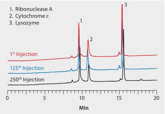 HPLC Analysis Proteins on Proteomix® SCX-NP1.7, Demonstration of Column Stability with Repeated Injections application for HPLC