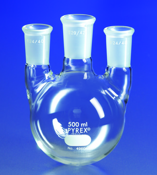 Pyrex&#174; round-bottom three neck vertical unequal height flask capacity 12,000&#160;mL, center joint: ST/NS 55/50