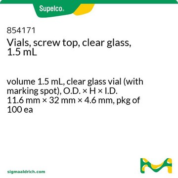 Vials, screw top, clear glass, 1.5 mL volume 1.5&#160;mL, clear glass vial (with marking spot), O.D. × H × I.D. 11.6&#160;mm × 32&#160;mm × 4.6&#160;mm, pkg of 100&#160;ea