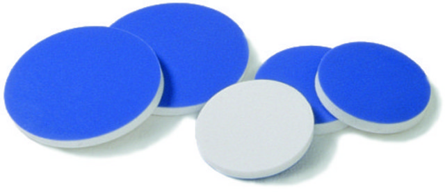 Septa, Blue PTFE/white silicone, pkg/100 blue PTFE/white silicone, diam. × thickness 16&#160;mm × 0.060&#160;in., for use with 15&nbsp;mL vial