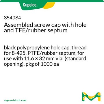 Assembled screw cap with hole and TFE/rubber septum black polypropylene hole cap, thread for 8-425, PTFE/rubber septum, for use with 11.6 × 32 mm vial (standard opening), pkg of 1000&#160;ea