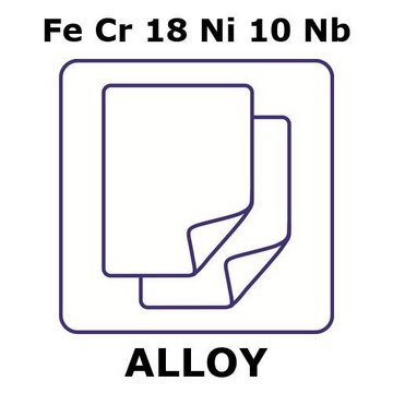 Stainless Steel - AISI 347 alloy, FeCr18Ni10Nb foil, 300 x 300mm, 0.1mm thickness, annealed