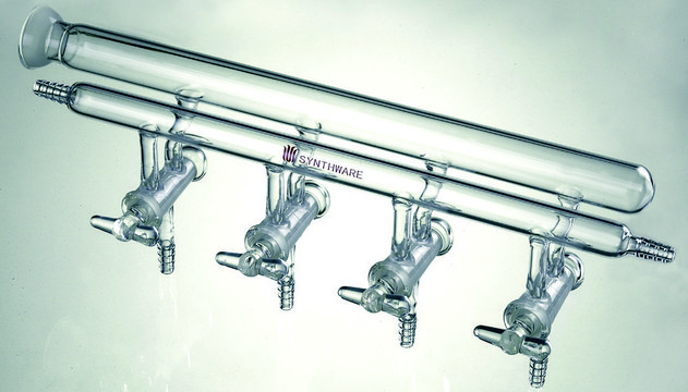 Synthware&#8482; double manifold with left-hand side SJ 35/20 joint joint: ST/NS 35/20, Ports: 4